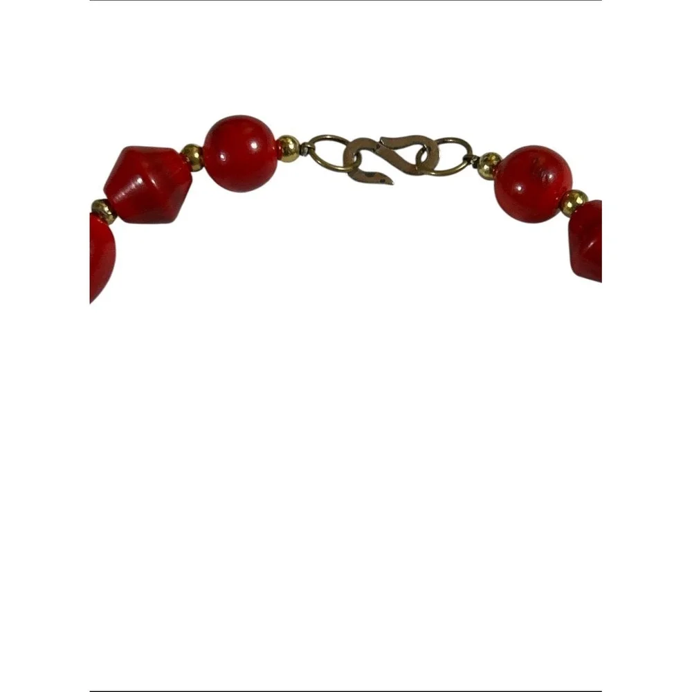 Vintage Red Bead Necklace Chunky Brass Spacers Boho Ethnic Statement Choker 16